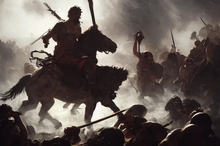 Prompt: Movie scenes of Roman soldiers in battle with Britannia, in the style of Greg Rutkowski and Michelangelo and Eugène Delacroix, extremely moody lighting, glowing light and shadow, atmospheric, shadowy, cinematic