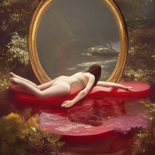 Prompt: an all white emily ratajkowski, full body laying in a blood red pool of water between a golden mirror frame, outside is space at the bohemian grove and inside the mirror frame is a beautiful landscape., physically accurate, dynamic lighting, intricate, elegant, highly detailed, very very roberto ferri, sharp focus, very very unsettling, very terrifying, illustration, art
