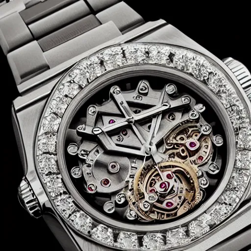 Image similar to vvs diamond alexandrite watch, intricate design, rolex, cogs and gears, steampunk watch, richard mille, promotional photo, 8 k photography