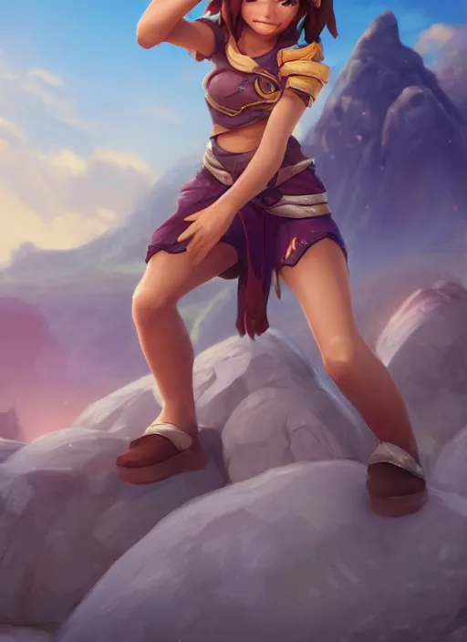 Prompt: youthful taliyah, from league of legends, au naturel, surfing a rock, with abs, hyper detailed, mountain background, digital art, trending in artstation, cinematic lighting, studio quality, smooth render, unreal engine 5 rendered, octane rendered, art style by klimt and nixeu and ian sprigger and wlop and krenz cushart