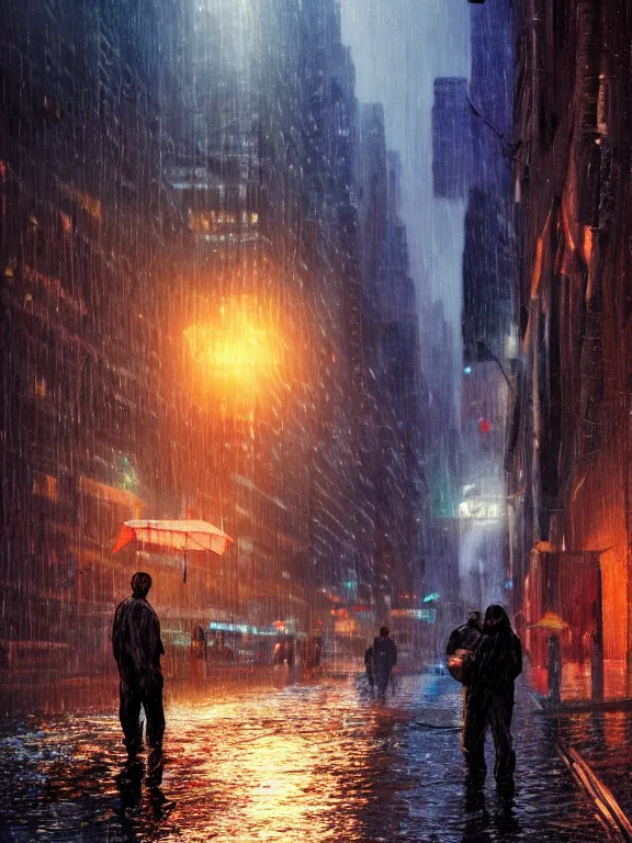 Prompt: portrait art of fishermen in a rainy new york street 8k ultra realistic , lens flare, atmosphere, glow, detailed,intricate, full of colour, cinematic lighting, trending on artstation, 4k, hyperrealistic, focused, extreme details,unreal engine 5, cinematic, masterpiece