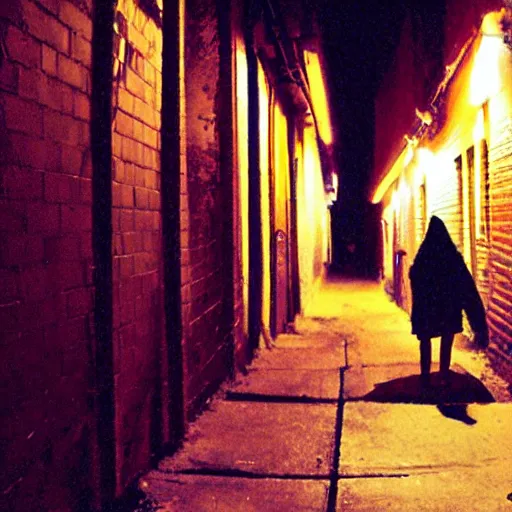 Prompt: a creepy cell phone camera picture of an alleyway in west philadelphia at night, with a college - aged woman in the distance. girl in the photo wearing a navy hoodie. directed by david lynch