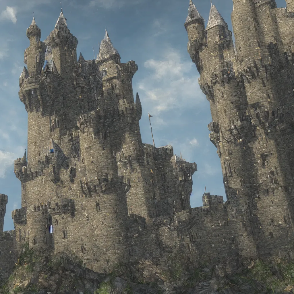 Image similar to castle, 4 towers, photorealistic, hyper detailed, picture taken from the ground, first person perspective, realistic