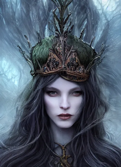Prompt: pale, beautiful witch with long hair and a delicate crown, fantasy, medieval, vivid colors, fantasy, elegant, concept art, sharp focus, beautiful face!!, digital art, Hyper-realistic, 4K, Unreal Engine, Highly Detailed, HD, Dramatic Lighting by Brom, trending on Artstation