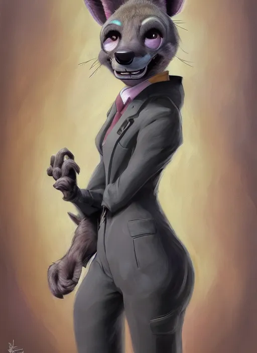 Image similar to oil painting detailed full body of anthromorphic female hyena, in style of zootopia, zootopia, zootopia, fursona, furry, furaffinity, 4 k, deviantart, furry art, fursona art, wearing black business suit, in style of zootopia, hyena fursona, cyberpunk, female, expressive, detailed feminine face,