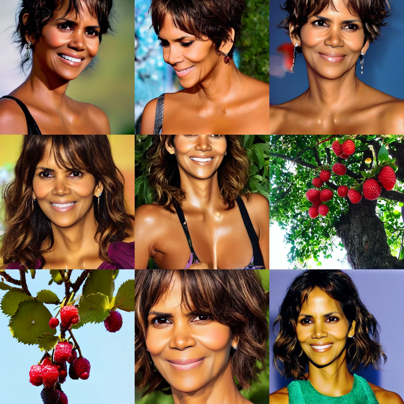 Prompt: ultra detailed photo two halle berry shaped exactly like berries on a tree duplicate