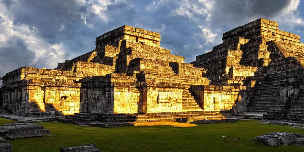 Image similar to a photo of an ancient maya temple, masterpiece, very detailed, 8k hdr, golden hour