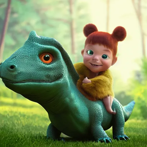 Prompt: young boy riding a cute little dinosaur with long fur, portrait, pixar style, forest background, cinematic lighting, award winning creature portrait photography