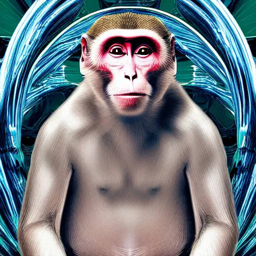 Image similar to macaque inside alien base, digital art,