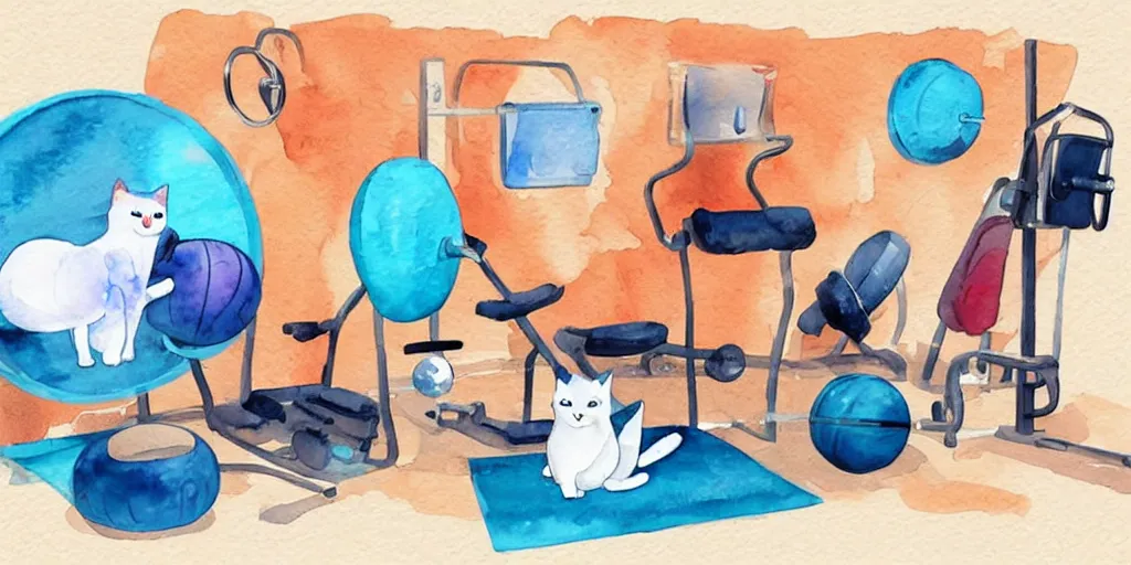 Prompt: watercolor illustration style, cute! cats!! training in the fitness studio, sports equipment laying around!