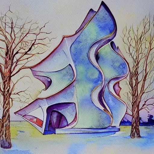 Prompt: a beautiful watercolor painting of a biomorphic architecture