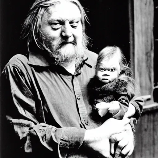 Image similar to robert wyatt cradling a goblin like a baby, photograph