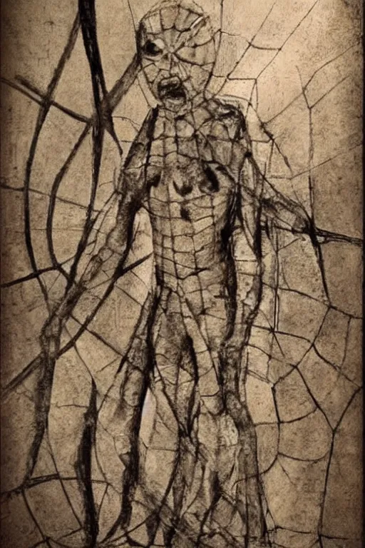 Image similar to tobey maguire as a rough old man in a spider - man suit by leonardo da vinci, very detailed, photograph, realistic