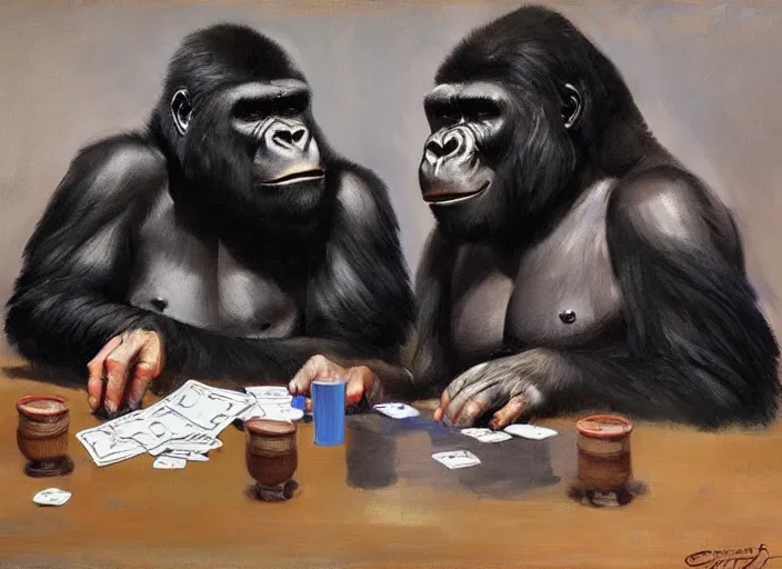 Image similar to a highly detailed beautiful portrait of a gorilla and a bear playing poker, by gregory manchess, james gurney, james jean