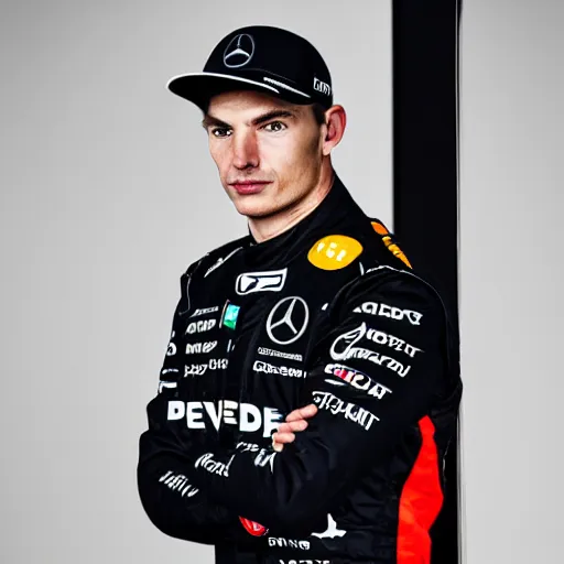 Image similar to a portrait of a mercedes f 1 driver in a black overall with the face of max verstappen, peofessional portrait photography, ambient light