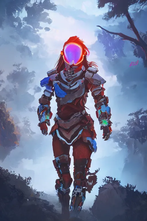 Image similar to combination suit armor aloy horizon forbidden west horizon zero dawn radiating a glowing aura global illumination ray tracing hdr fanart arstation by ian pesty and alena aenami artworks in 4 k tribal robot ninja mask helmet backpack