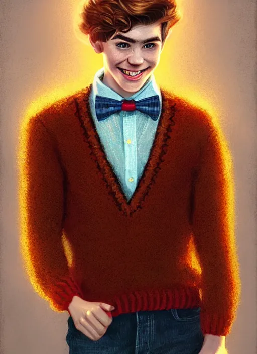 Image similar to portrait of teenage archie andrews, freckles, curly middle part haircut, curly hair, middle part hairstyle, smiling kindly, wearing a bowtie and sweater vest, intricate, elegant, glowing lights, highly detailed, digital painting, artstation, concept art, smooth, sharp focus, illustration, art by wlop, mars ravelo and greg rutkowski