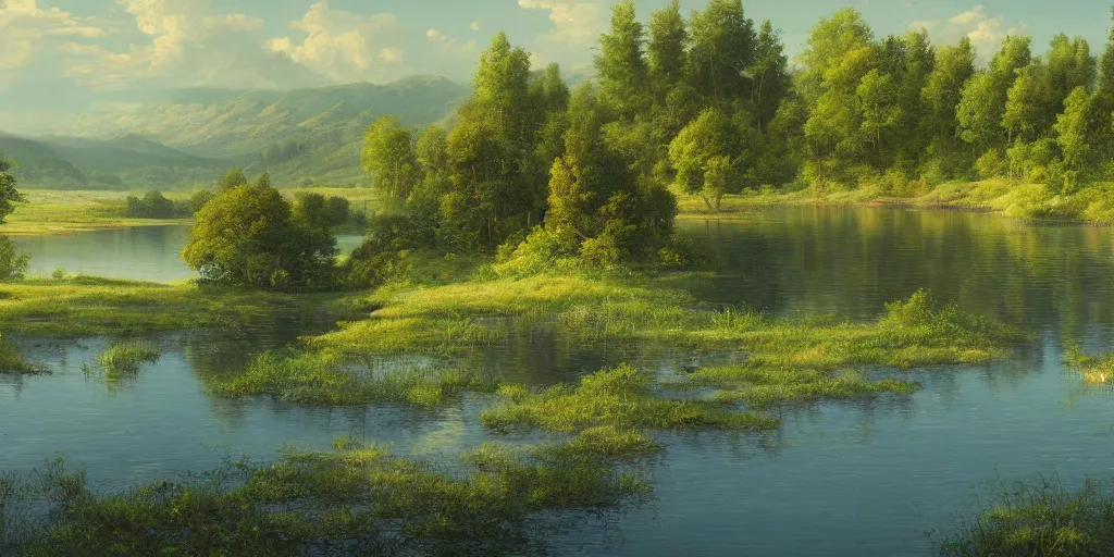 Image similar to a beautiful lake landscape in summer, by Ernest deutsch + Ted Nasmith, cinematic lighting, masterpiece, highly detailed, 8k resolution, trending on art station