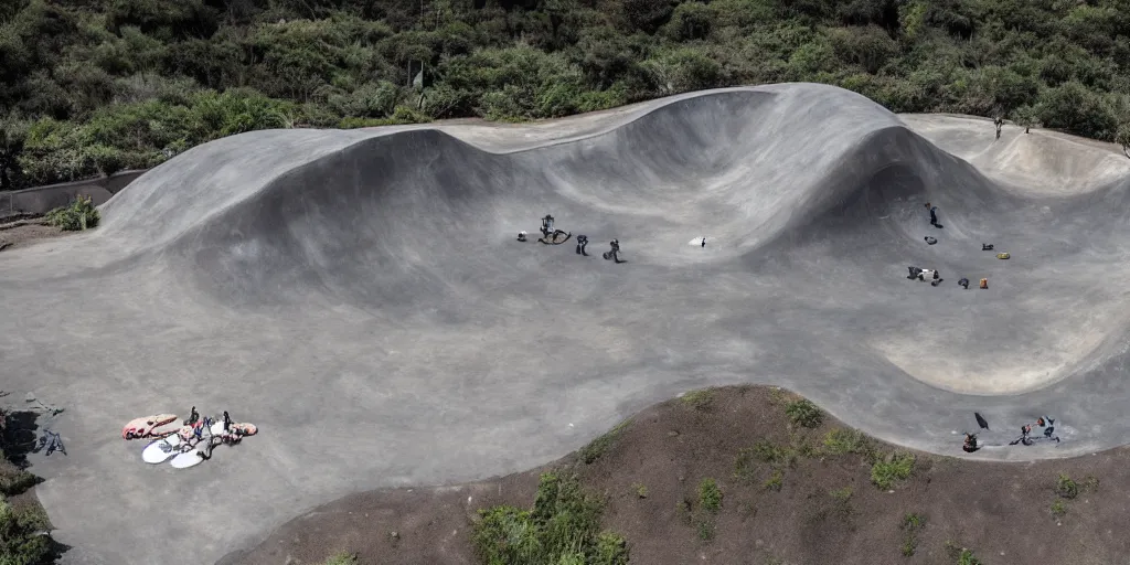 Image similar to a drone shot of a skatepark in a volcano