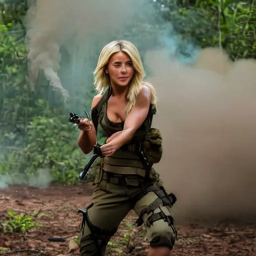 Prompt: cinematic action scene with julianne hough as a commando in the jungle, dramatic smoke, still frame