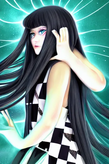 Image similar to mysterious girl child with her long black hair dressed in a chequered robe anime art style, big green diamond on her hand, digital art, hd, 4 k, hyper detailed