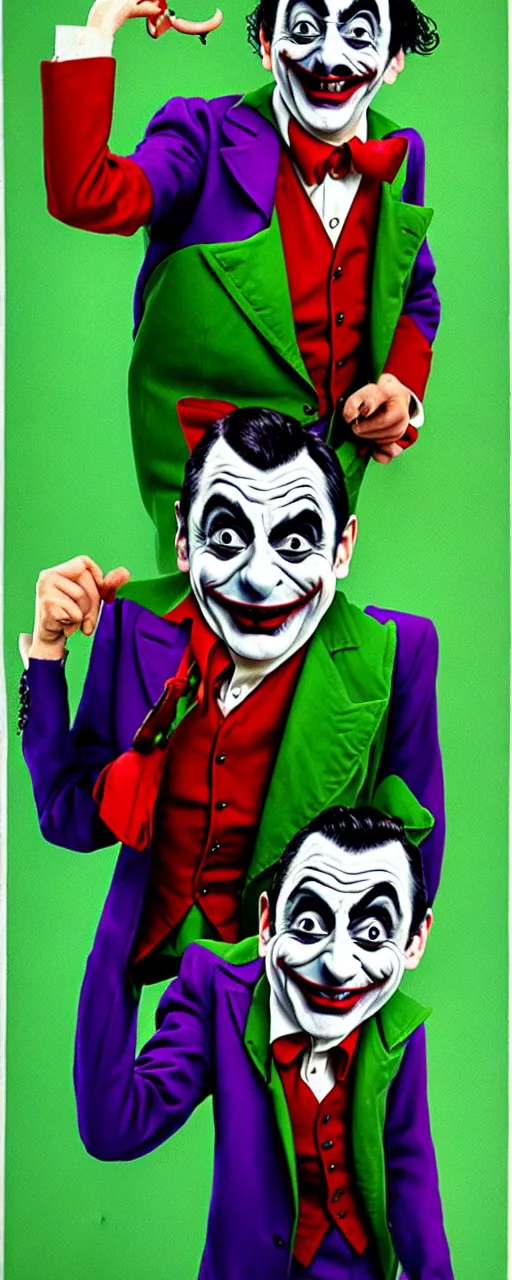 Image similar to mr. bean as joker, fantastic vivid color portrait - w 7 6 8