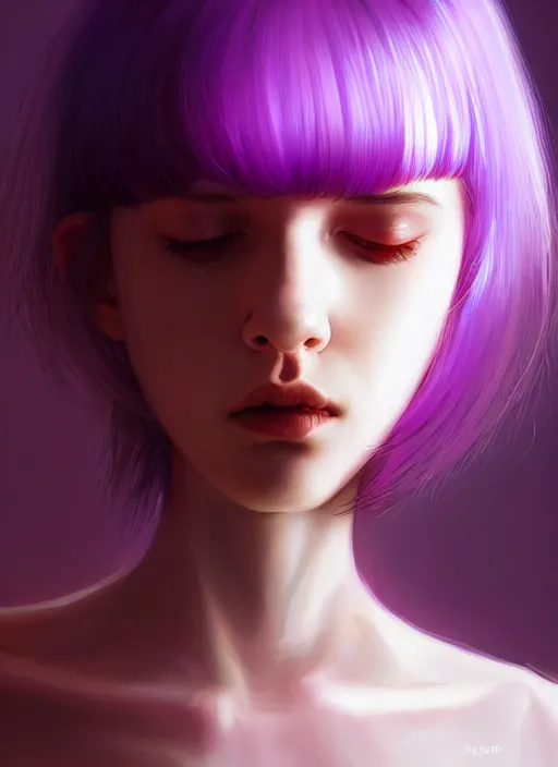 Image similar to hair whitebangs hair, black hair, whitebangs, portrait of teenage girl with white bangs, red irises, purple clothes, white bangs, bangs are different color from hair, intricate, elegant, glowing lights, highly detailed, digital painting, artstation, concept art, smooth, sharp focus, illustration, art by wlop, mars ravelo and greg rutkowski