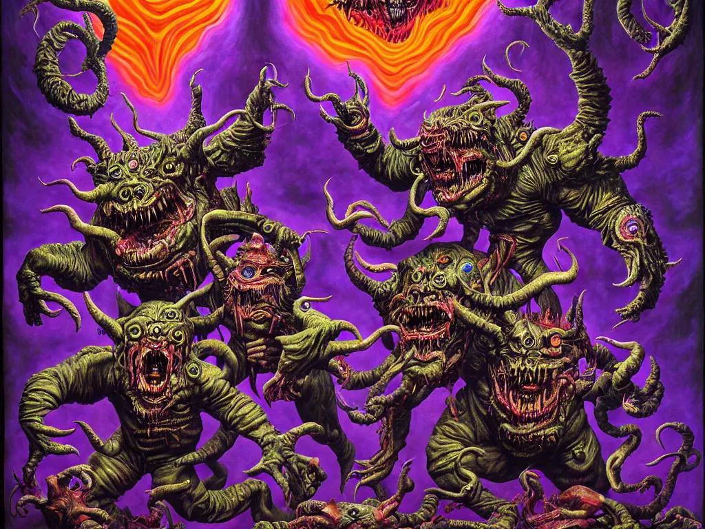 Prompt: a hyperrealistic painting of an epic boss fight against an ornate supreme dark psychic overlord, cinematic horror by chris cunningham, lisa frank, richard corben, highly detailed, vivid color,
