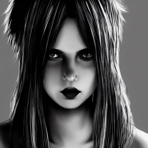 Prompt: epic professional digital art of a young woman with black and white hair looking disgusted away from the camera, Punk, best on artstation, cgsociety, wlop, Behance, pixiv, cosmic, stunning, gorgeous, much detail, much wow, masterpiece