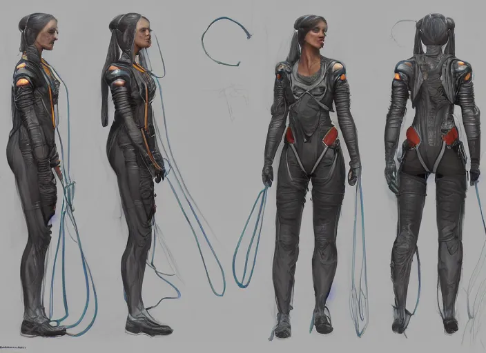 Image similar to front and back character view of a woman in scientist's jacket with a system of straps and pouches for collecting material by Donato Giancola, Trending on artstation, cgsociety and pixiv clean sci-fi concept art and sheet