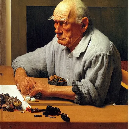 Image similar to weeping desperate grandpa trying to figure out how to order an online pizza sitting in his small room glaring at his lenovo thinkpad laptop t 4 1 0 8 gb ram norman rockwell leonardo da vinci giotto jamie wyeth greg rutkowski winslow homer thomas eakins lucian freud edward hopper j. m. w. turner oil painting