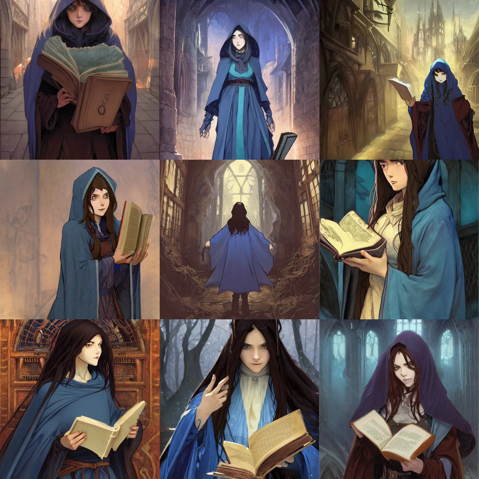 Prompt: a female wizard with long brown hair wearing a blue hood and blue robe holding a book while exploring a dark and sinister medieval village, fantasy, seinen, highly detailed, digital painting, pixiv, concept art, character art, art by greg rutkowski, tyler jacobson, alphonse mucha, ross tran and makoto shinkai