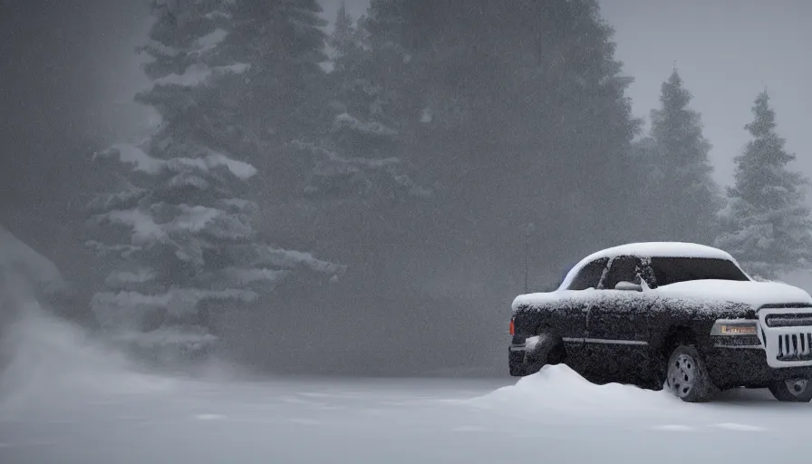 Image similar to snowplow covered by snow in beautiful winter landscape. fog, snowstorm, photorealistic rendering, octane, depth of field, blurry