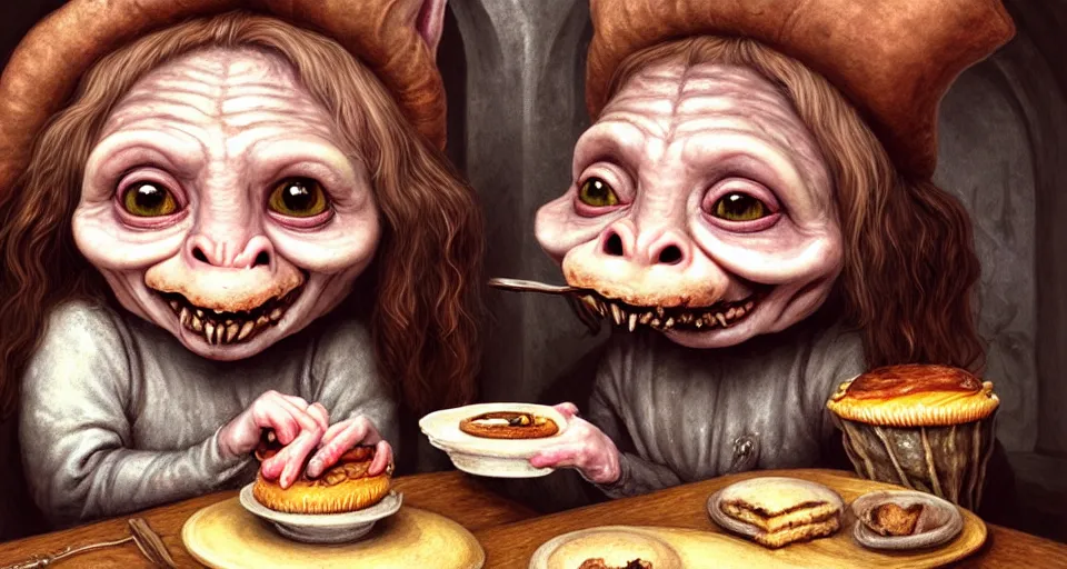 Image similar to closeup profile portrait of a medieval goblin eating cakes in the castle kitchen, nicoletta ceccoli, mark ryden, lostfish, max fleischer, hyper realistic, artstation, illustration, digital paint, matte paint, vivid colors, bright, cheerful, detailed and intricate environment