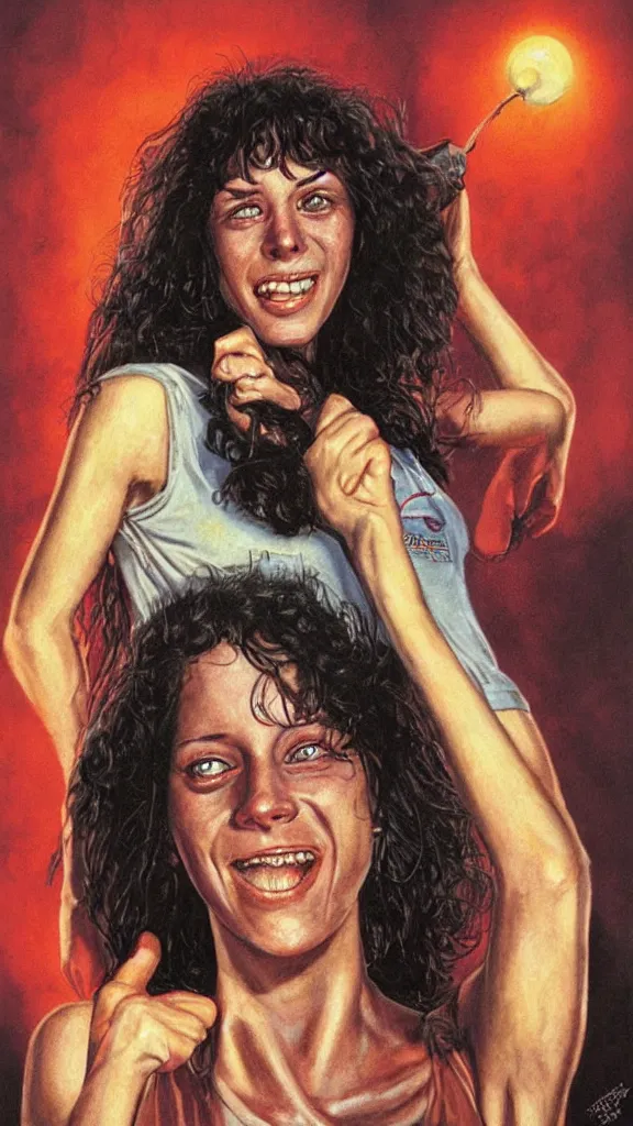 Prompt: Portrait of Angela from Sleepaway Camp (1983) by Les Edwards, poster artwork