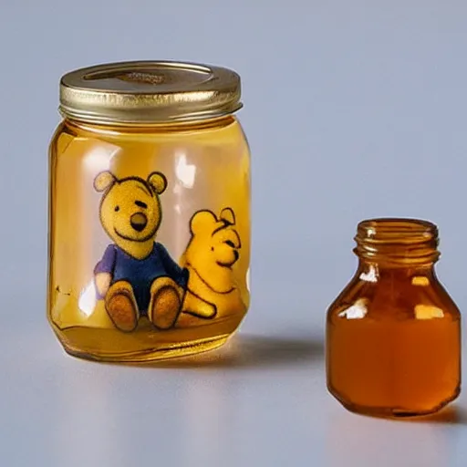 Prompt: a tiny winnie the pooh head is made from a jar of honey, surreal, realism