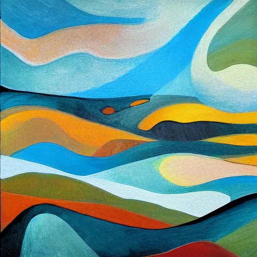 Image similar to a wild modernist landscape painting filled with energy patterns rippling in all directions, mountains, rushing water, saturated colors