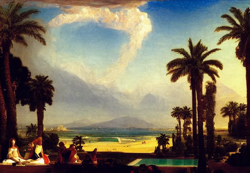 Image similar to The biggest palace ever made, thunderstorm, greek pool, beach and palm trees on the background major arcana sky, by paul delaroche, hyperrealistic 8k, very detailed