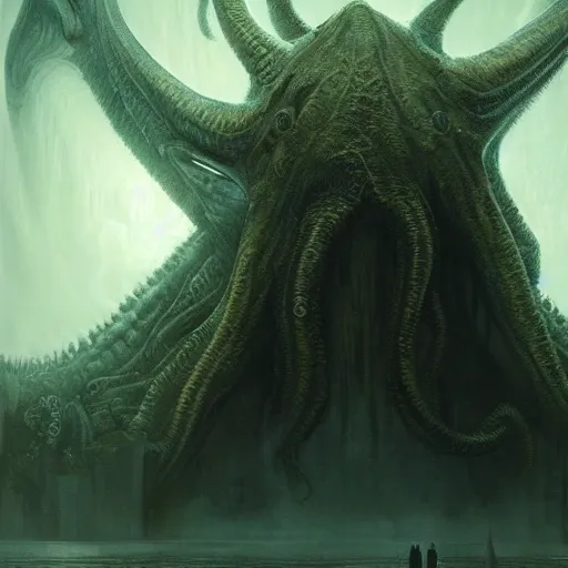 Image similar to human looking at big monstrosity portrait of Cthulhu, hyperdetailed, artstation, cgsociety, by greg rutkowski, by Gustave Dore