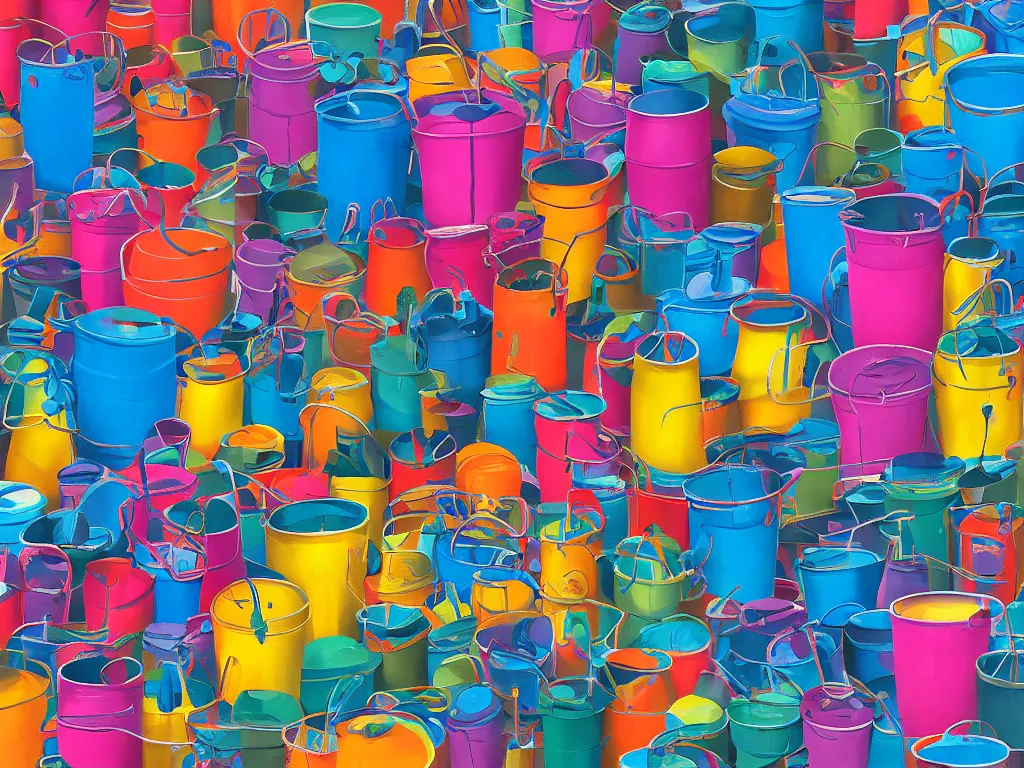 Prompt: colorful paint buckets in the style of simon stalenhag