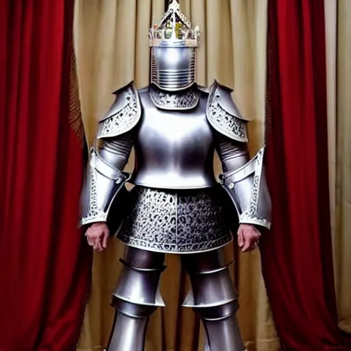 Prompt: full - body - front - shot!!!!!!!, donald trump wearing knight'armor, crown, detailed face!!!!!! of donald trump