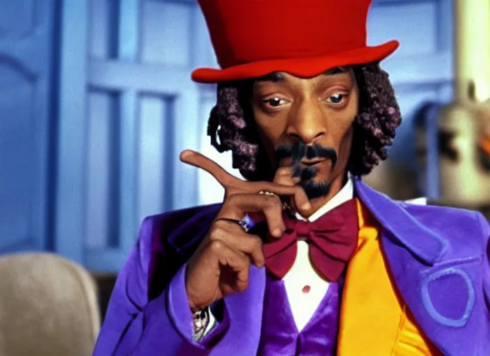 Prompt: film still of Snoop Dogg as Willy Wonka in Willy Wonka and the Chocolate Factory 1971