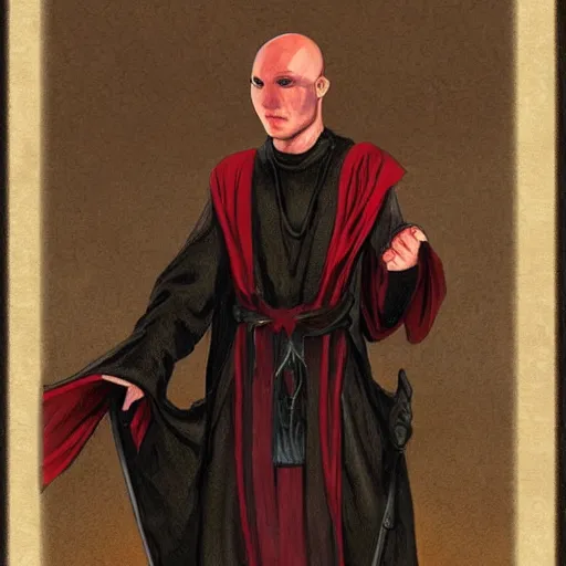 Prompt: d & d painting portrait necromancer man with bald head, red sunken eyes, pallid skin, long flowing black and red robes. fingers are bony and long