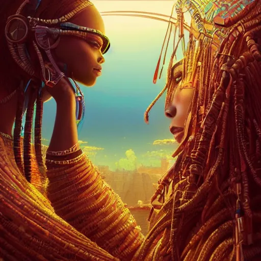 Image similar to highly detailed portrait of an african neon egyptian goddess, intricate alien technology, stephen bliss, unreal engine, fantasy art by greg rutkowski, loish, rhads, ferdinand knab, makoto shinkai and lois van baarle, ilya kuvshinov, rossdraws, tom bagshaw, global illumination, radiant light, detailed and intricate environment