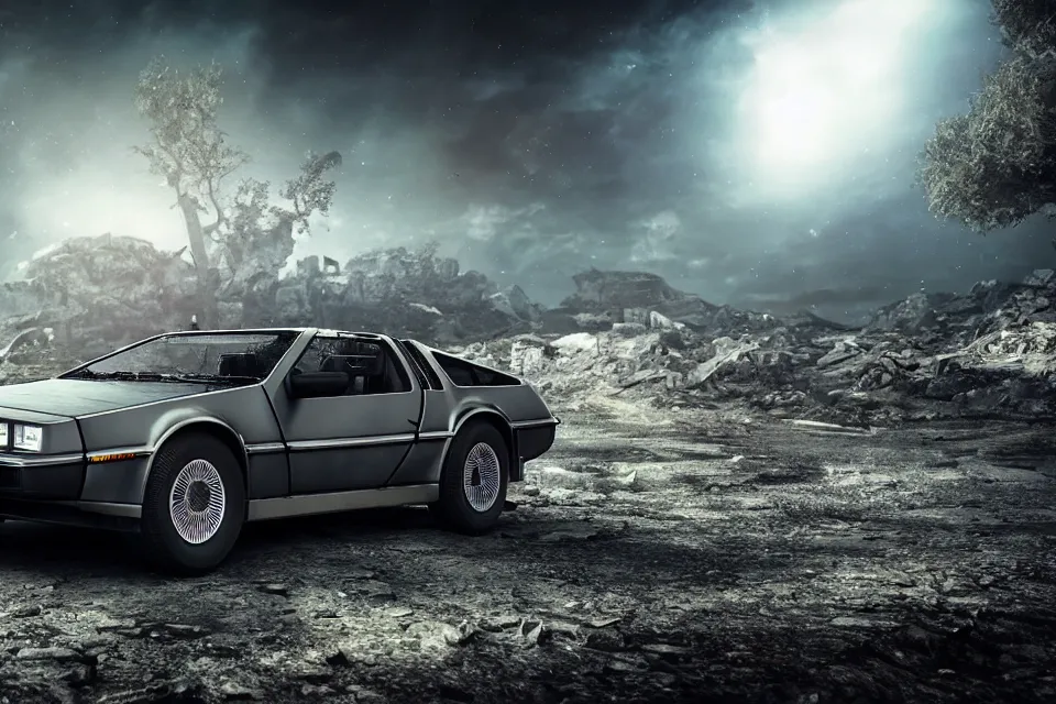 Prompt: ultra realistic delorean dmc 5 with pop - up headlights drifting on ancient highway wreckage in space, dark cinematic, volumetric, realistic, 3 d render, realistic render, cinematic lighting, volumetric lighting, atmospheric, cinematic, unreal engine 5, unreal engine render, octane render, hd, photorealism, hyper realistic, 8 k