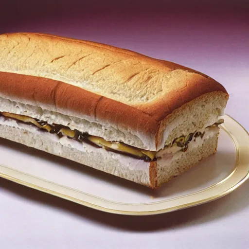 Image similar to sliced frosted sandwich loaf with olives and cream cheese on an ornate golden platter, dinner party display, high resolution magazine scan, seventies era