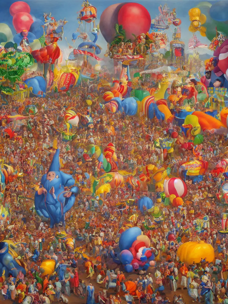 Prompt: a beautiful painting of a carnival with enormous balloon monsters, by jonas burgert, fallas party figures, realistic colors