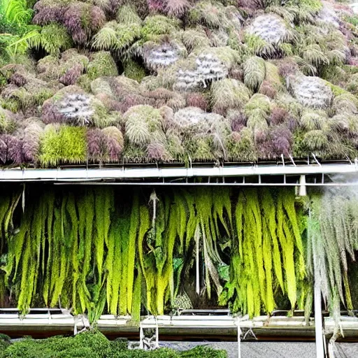 Prompt: building covered in new zealand endemic epiphytes