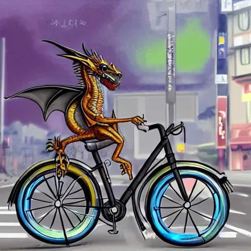 Image similar to a digital painting of a real dragon is riding a bike in the streets of Tokyo