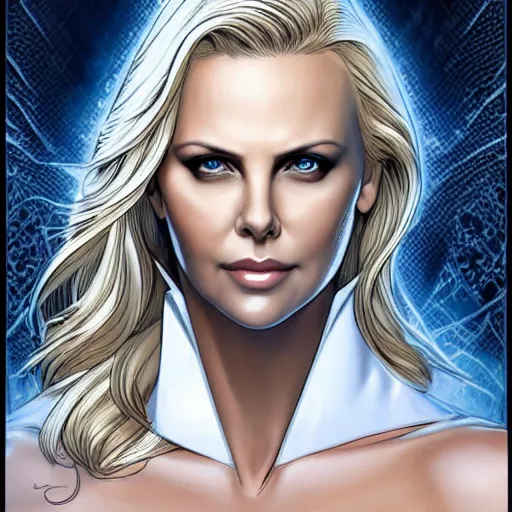 Prompt: charlize theron as emma frost, symmetrical facial features, 8 k intricate detail, detailed face, beautiful, golden ratio, art by pepe larraz, radiosity rendering,